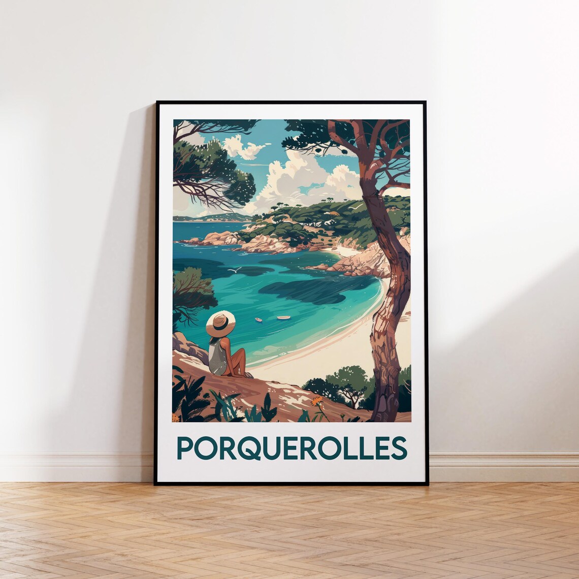 Porquerolles France Island Bay Pine Trees Vintage Travel Poster