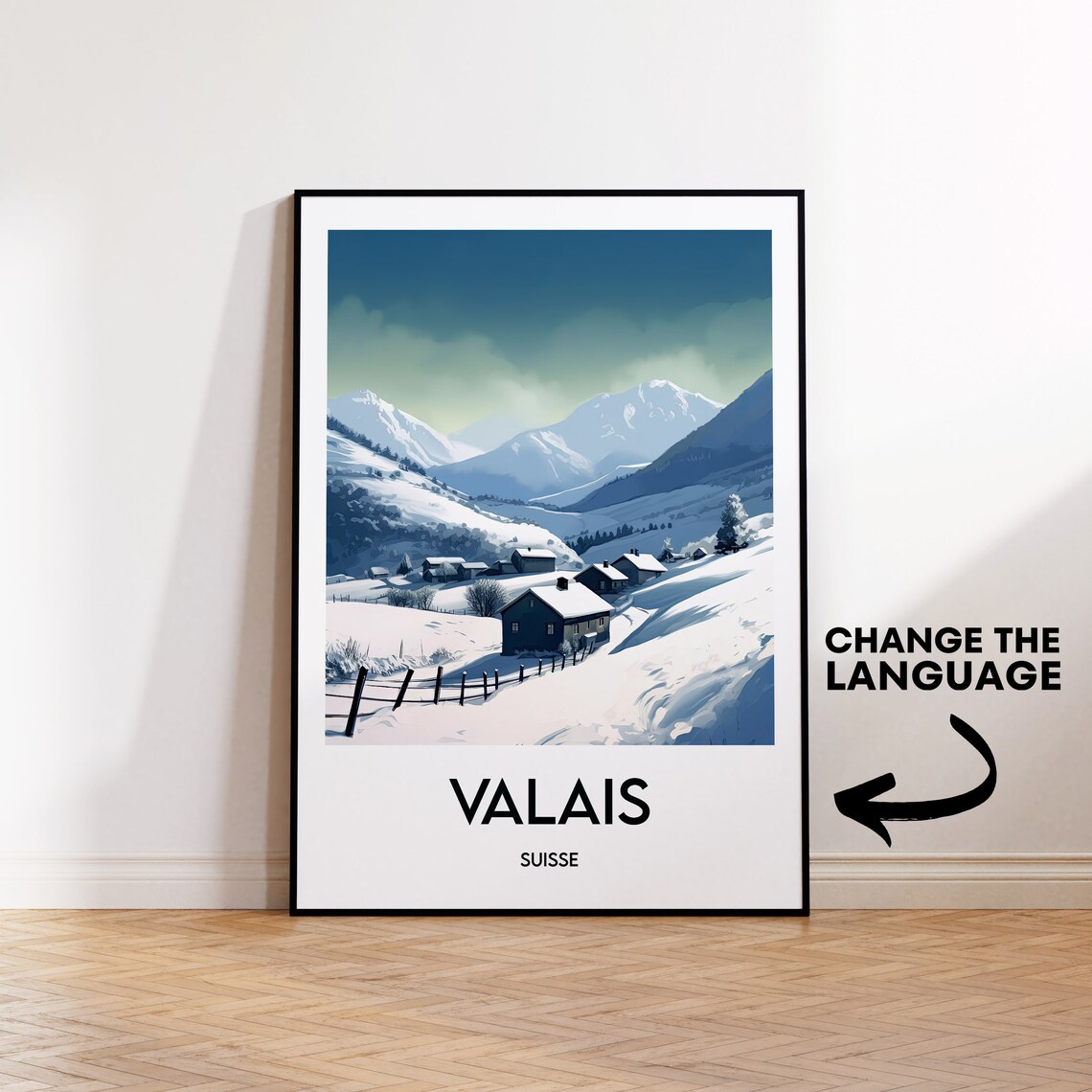 Valais Suisse Snowy Alpine Mountain Village Winter Travel Poster