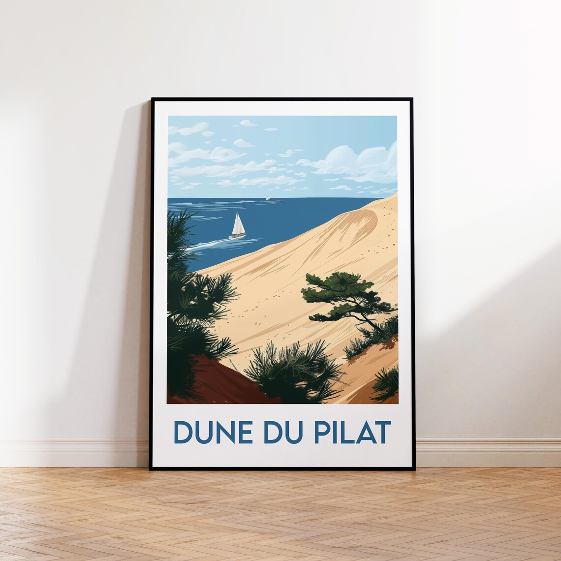 Dune du Pilat France Golden Sand Dune Pines Sailboat Scene Poster