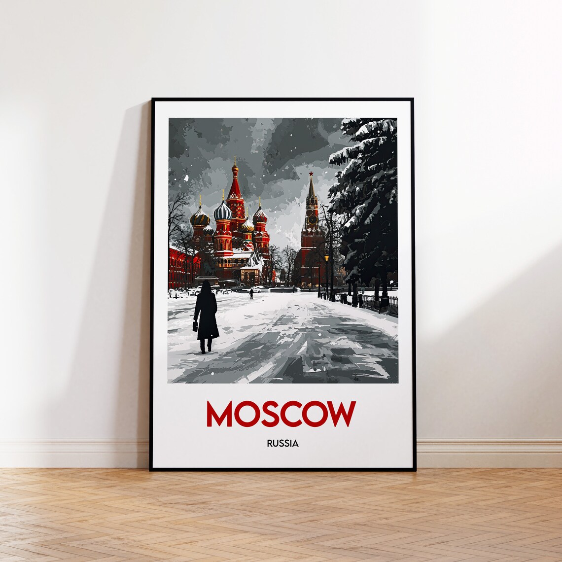 Moscow Russia Snowy Winter Red Square Cathedral Vintage Travel Poster