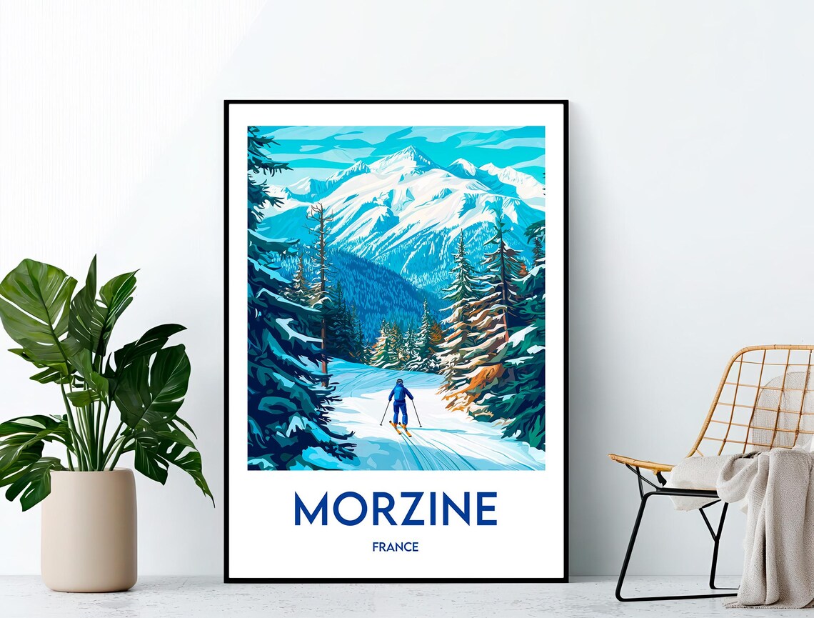 Morzine France Ski Resort Skier on Snowy Pines Slopes Travel Poster
