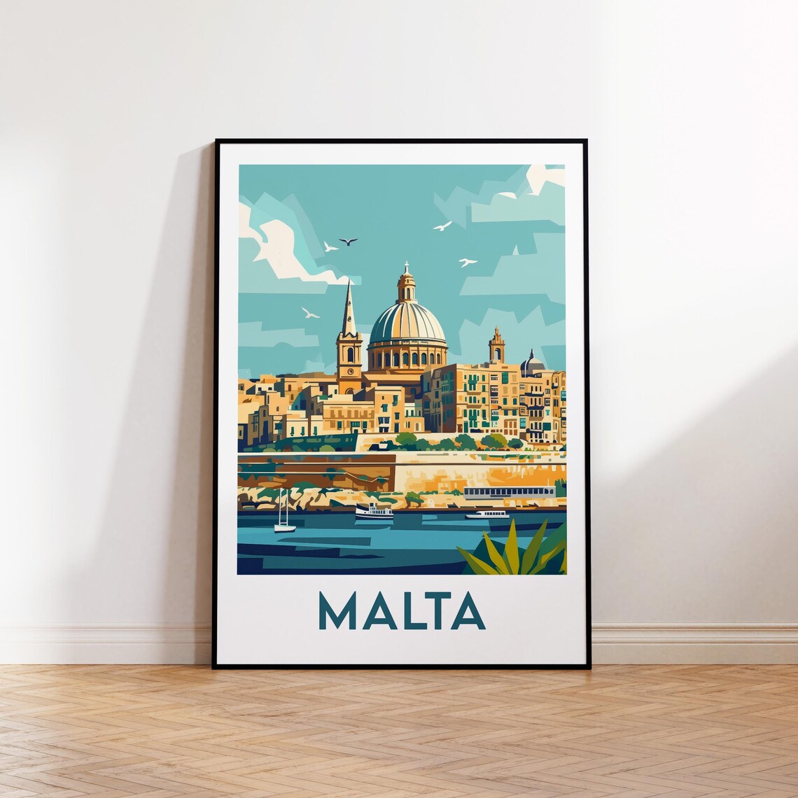 Malta Valletta Harbor Dome And Waterfront Vintage Travel Poster