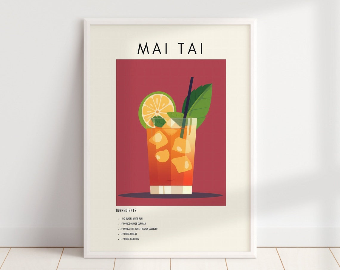 Mai Tai Tropical Cocktail Recipe Retro Minimalist Bar Decor Print