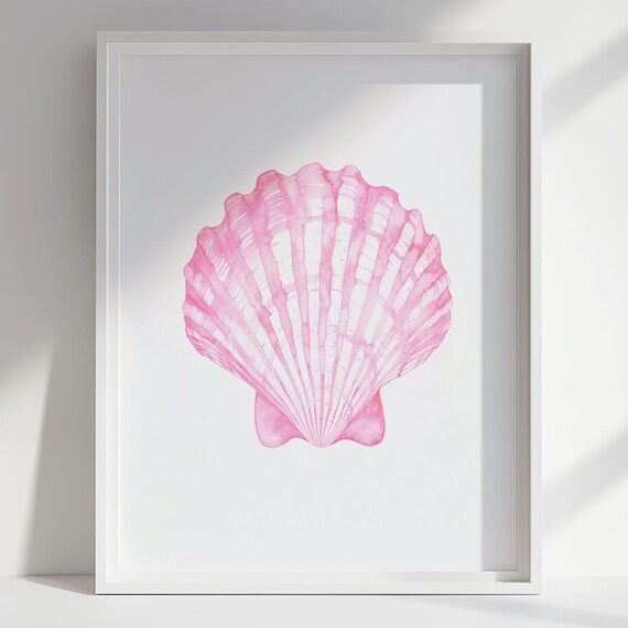 Pink Watercolor Scallop Shell Poster Coastal Beach House Minimalist Decor