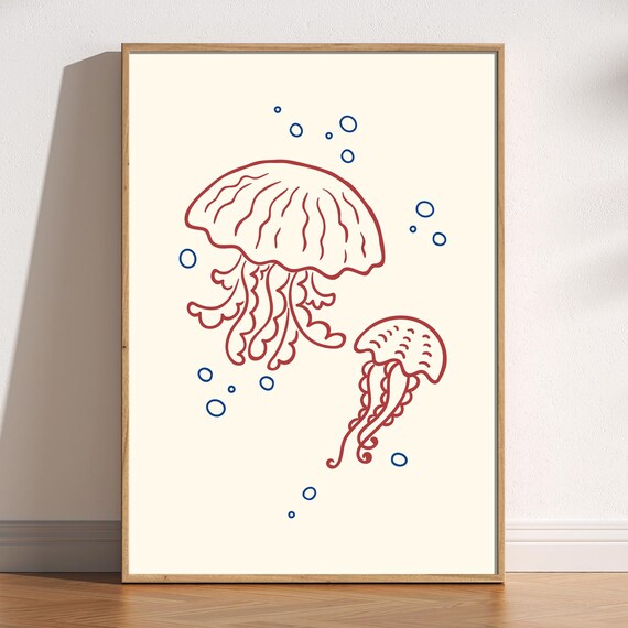 Jellyfish Print Coastal Fisherman Trendy Poster Minimalist Artsy Doodle Art Kitchen Bathroom Home Decor Nautical Style