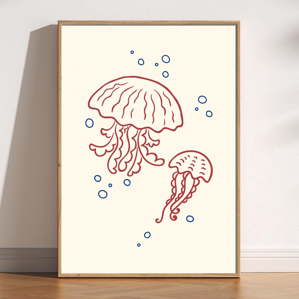 Jellyfish Line Art Minimalist Coastal Red Ocean Doodle Poster