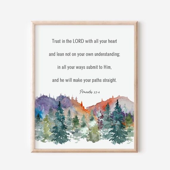 Proverbs 356 Trust In The Lord With All Your Heart Bible Verse Wall Art Christian Gift Scripture Print Watercolor Landscape Mountains