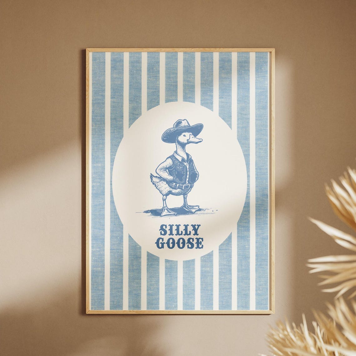 Western Silly Goose Print Trendy Wall Art Light Blue Stripes Vintage Stripe