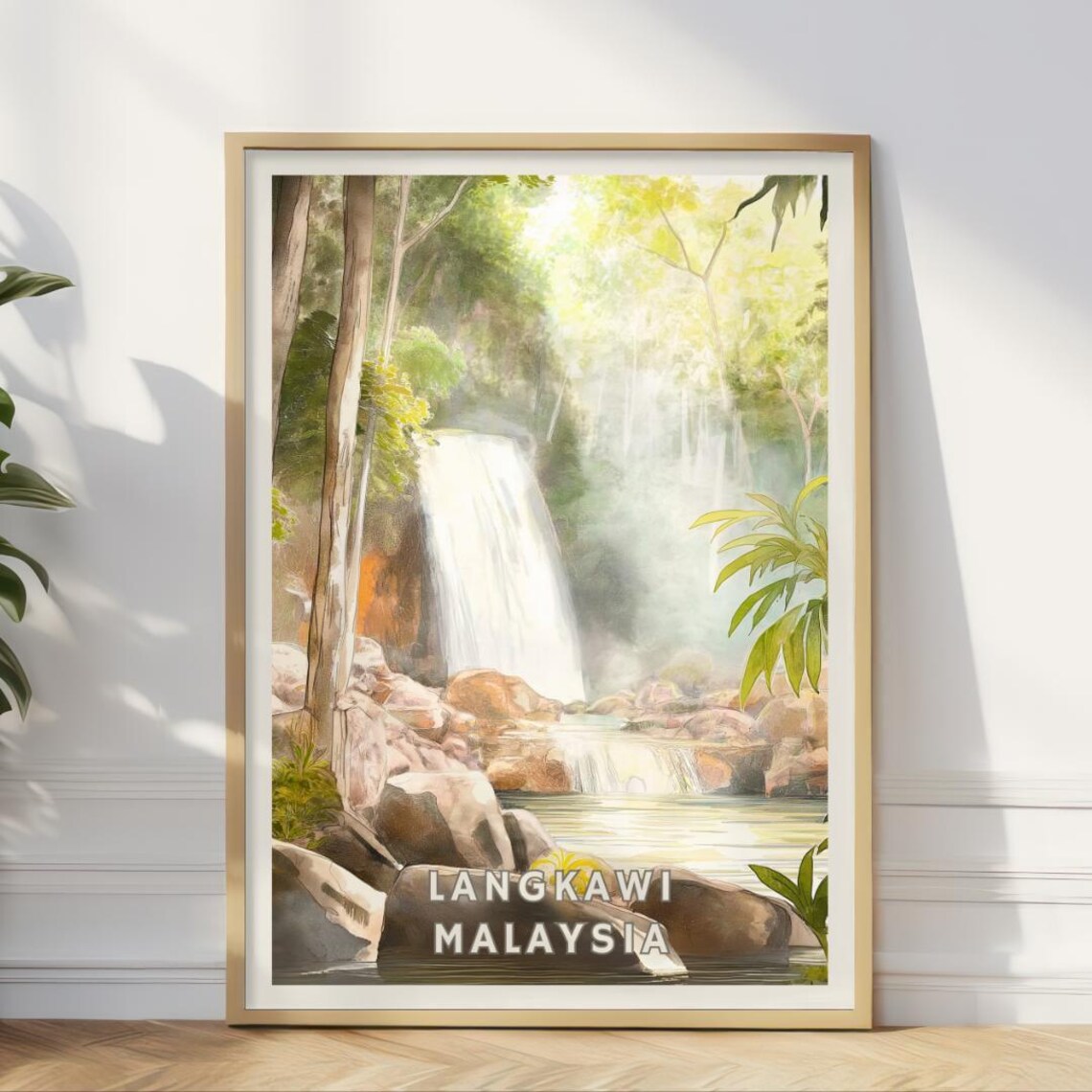 Langkawi Malaysia Travel Poster, Tropical Waterfall