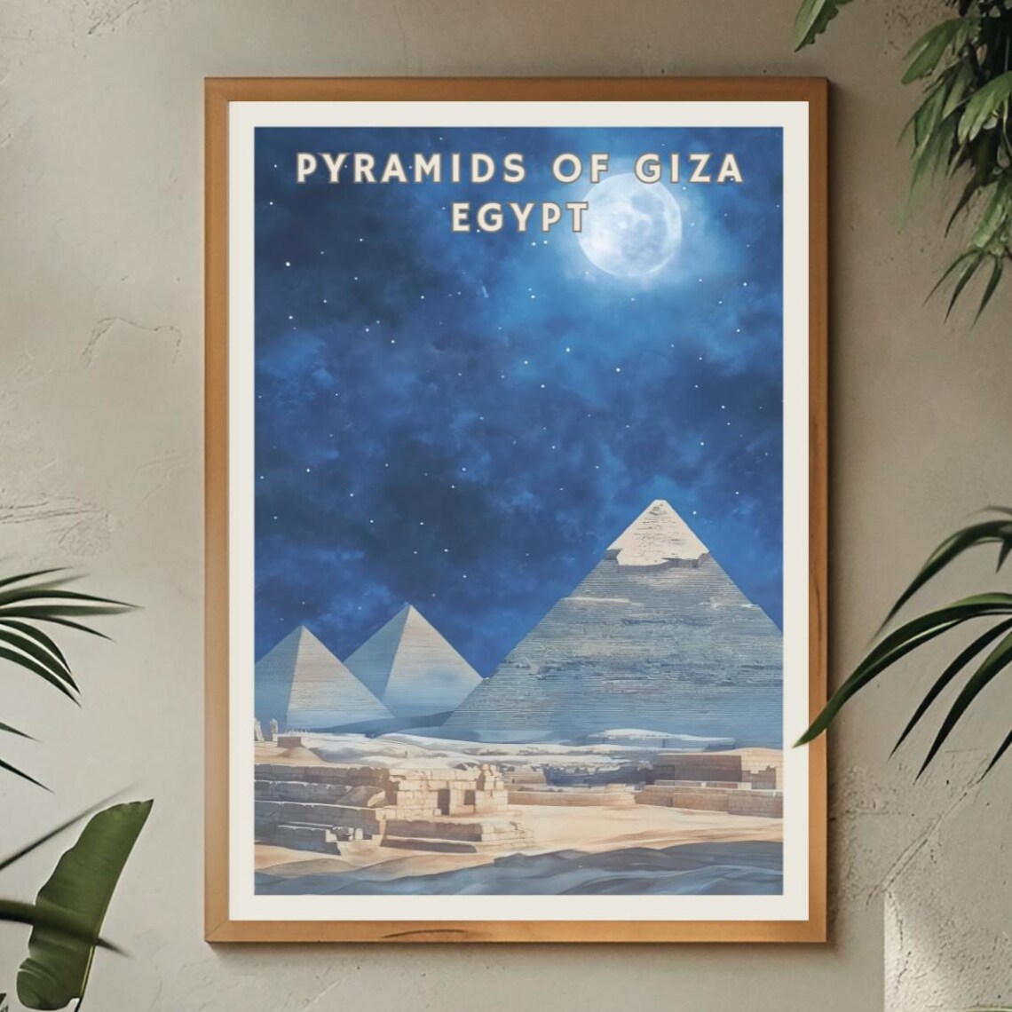 Pyramids Of Giza Egypt Night Sky Full Moon Desert Landscape Poster - Image 2