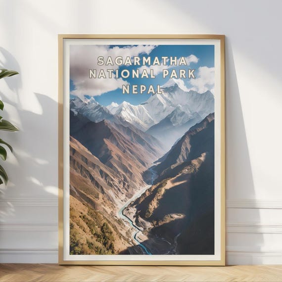 Sagarmatha National Park Nepal Poster Himalayan Mountain Wall Art Everest Region Decor Trekking Adventure Print Nepal Scenic Landscape