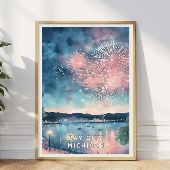 Bay City Michigan Poster Saginaw River Fireworks Festival Wall Art Great Lakes Decor Night Sky Print Living Room Office Usa Travel Gift