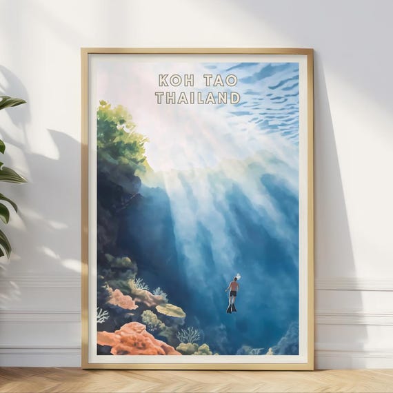 Koh Tao Thailand Diving Poster Snorkeling Coral Reef Wall Art Tropical Underwater Decor Scuba Travel Print Ocean Home Office Art