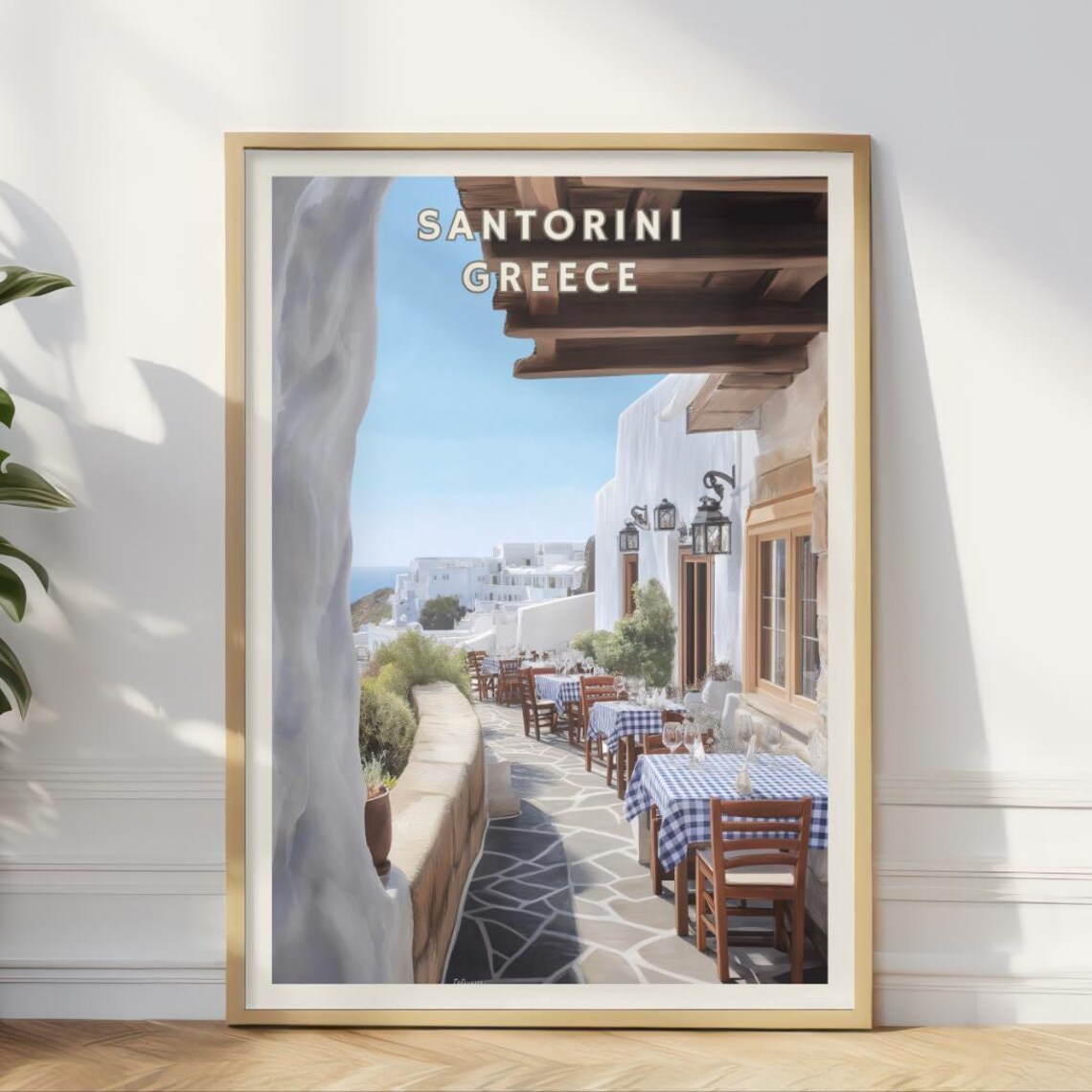 Santorini Greece Travel Poster, Seaside Dining Illustration