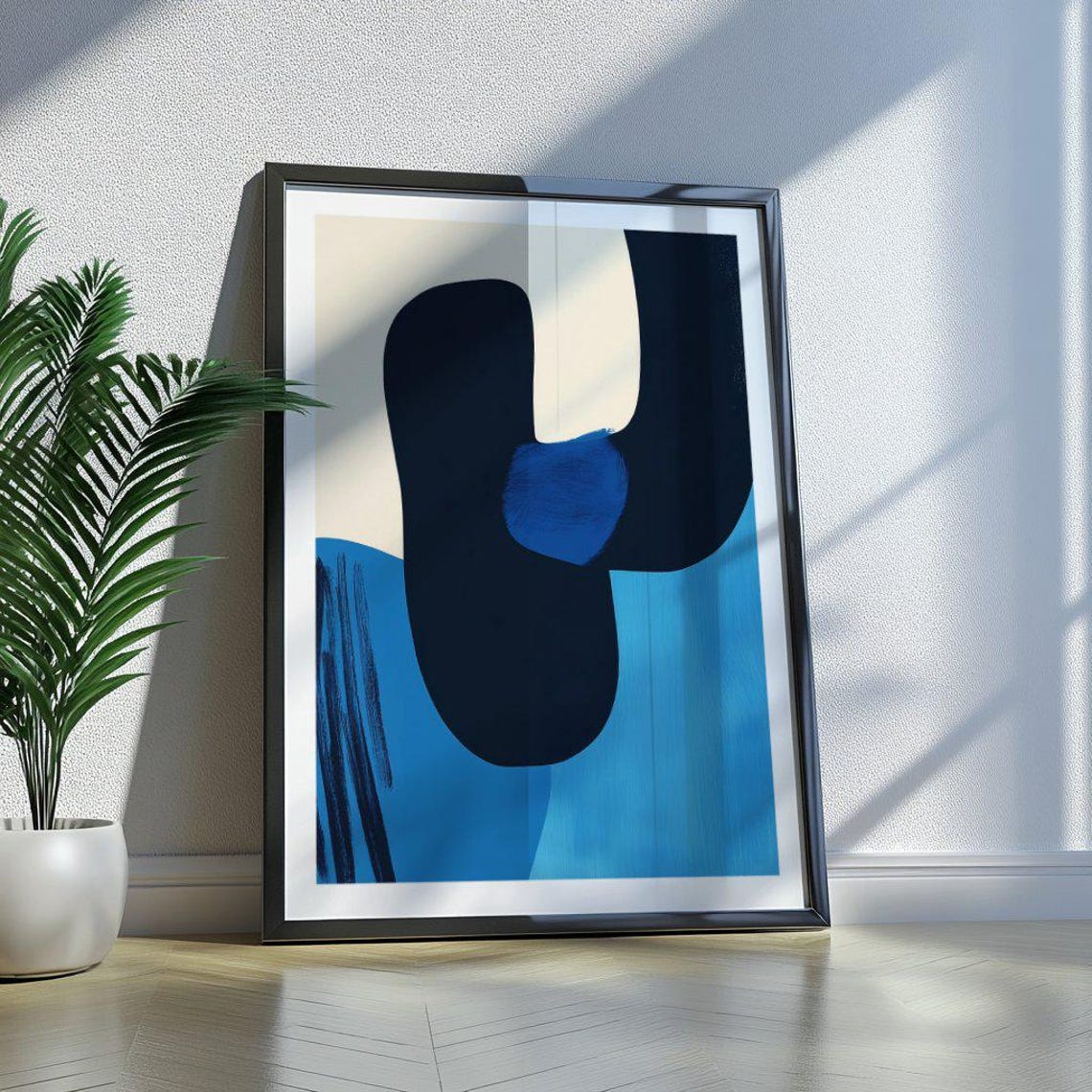 Dark Navy U Shape Abstract on Cobalt Blue Field Modern Poster - Image 3