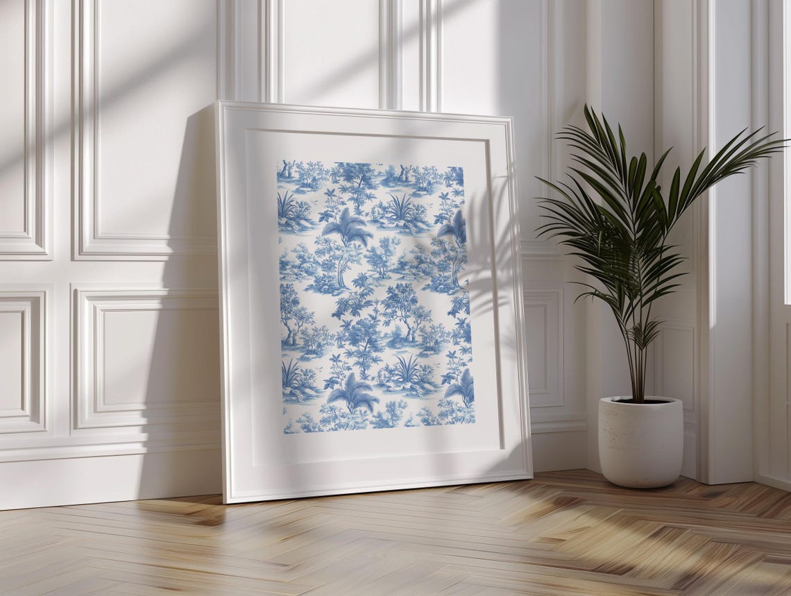 Blue Toile De Jouy Tropical Landscape Poster Palm Tree Botanical Art - Image 2