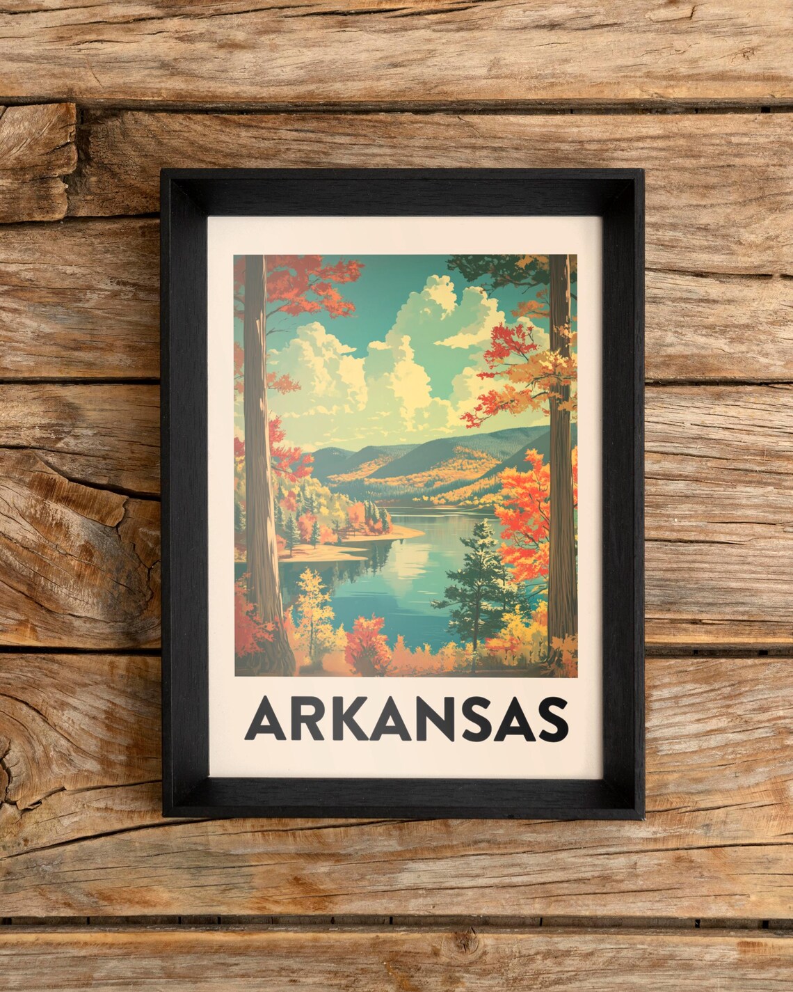 Vintage Arkansas Autumn Lake Mountains Retro Travel Destination Poster - Image 2
