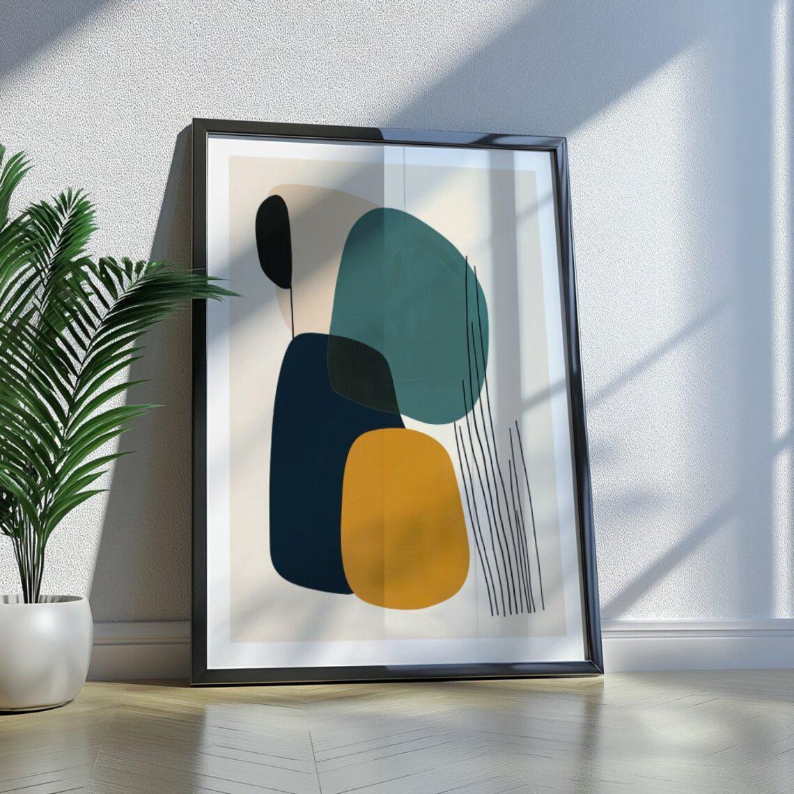 Dark Teal Navy and Mustard Abstract Art with Fine Line Details Poster - Image 2