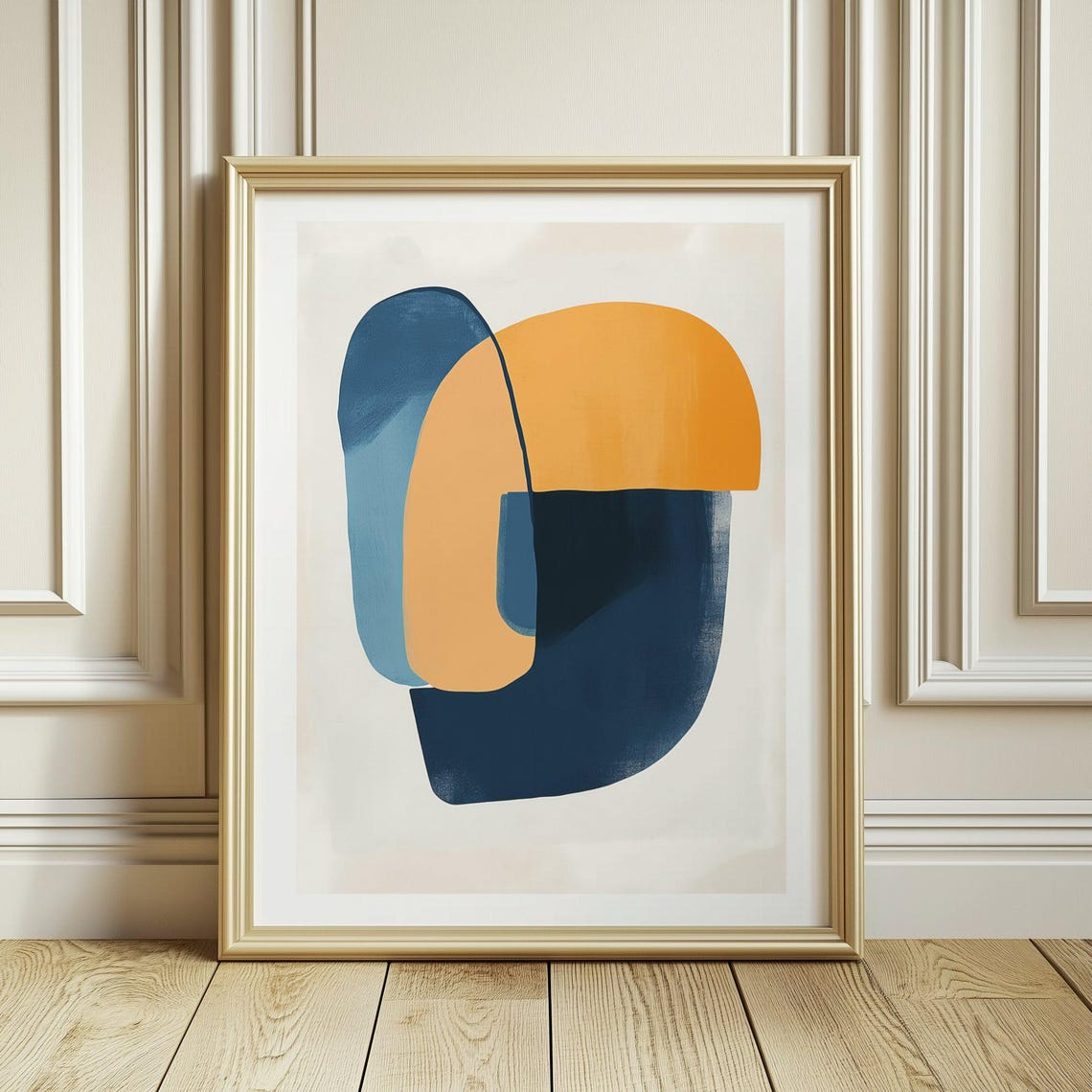 Royal Blue and Mustard Interlocking Abstract Shapes Mid Century Poster - Image 3