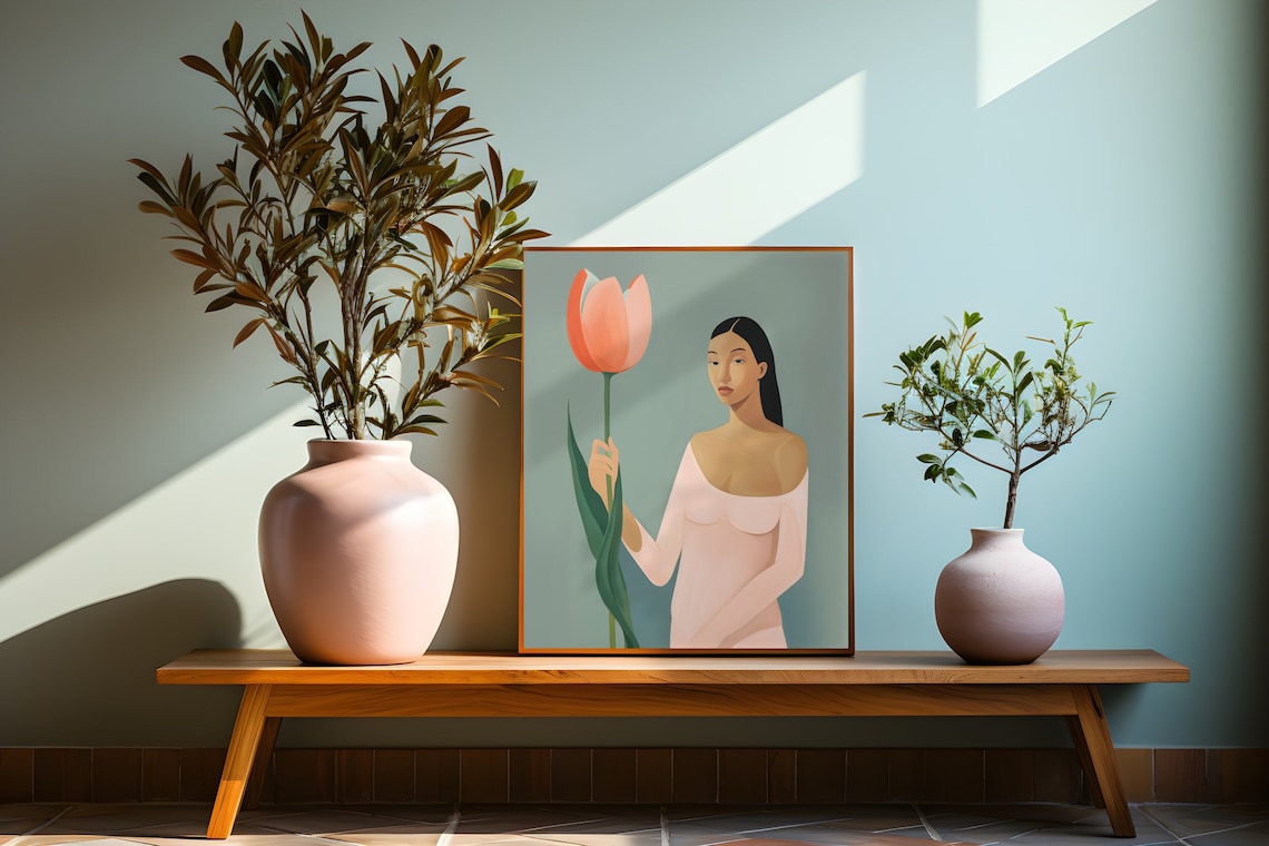 Elegant Woman Holding a Coral Tulip Minimalist Sage Floral Poster