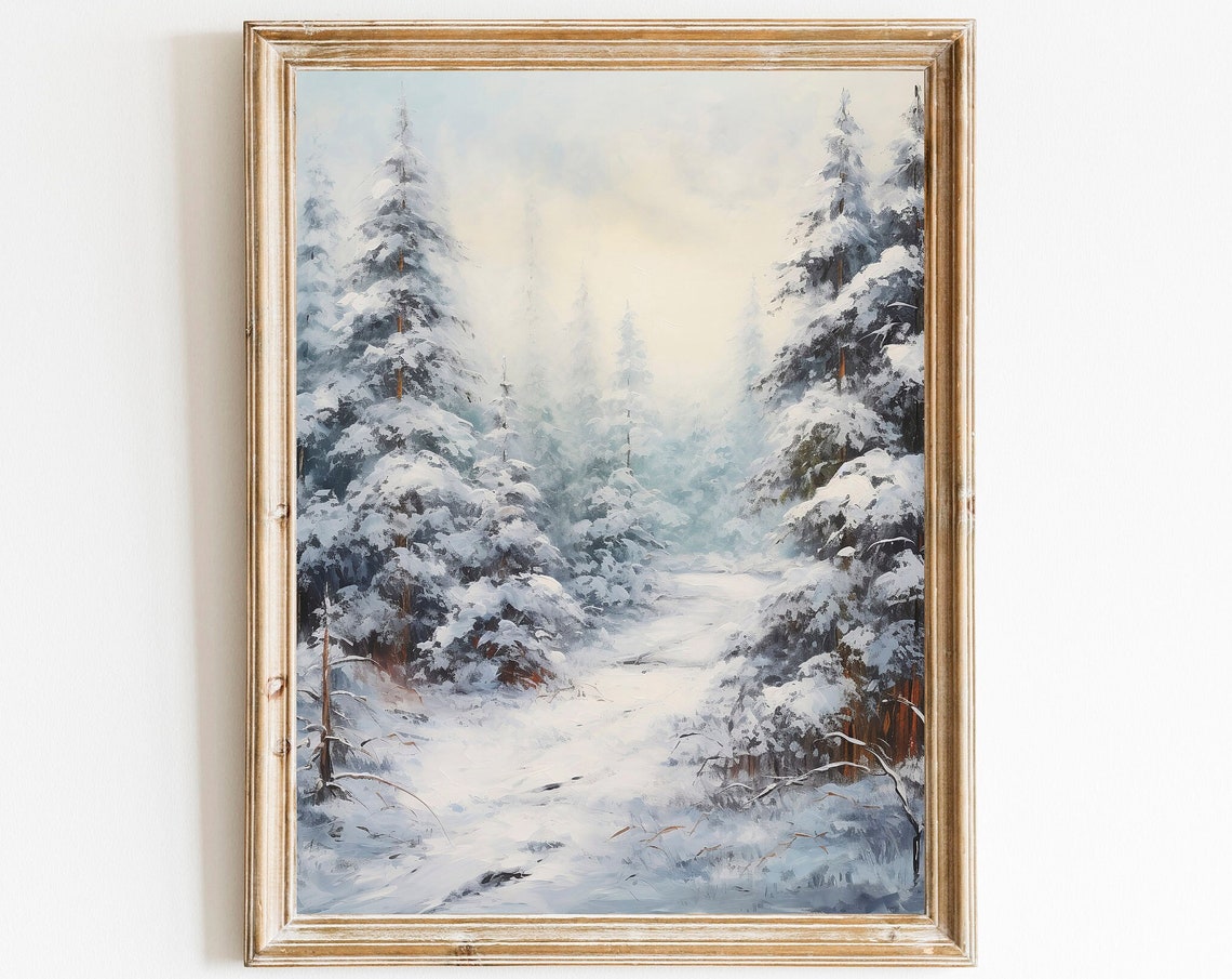 Snow Covered Pine Forest Path Vintage Winter Landscape Poster