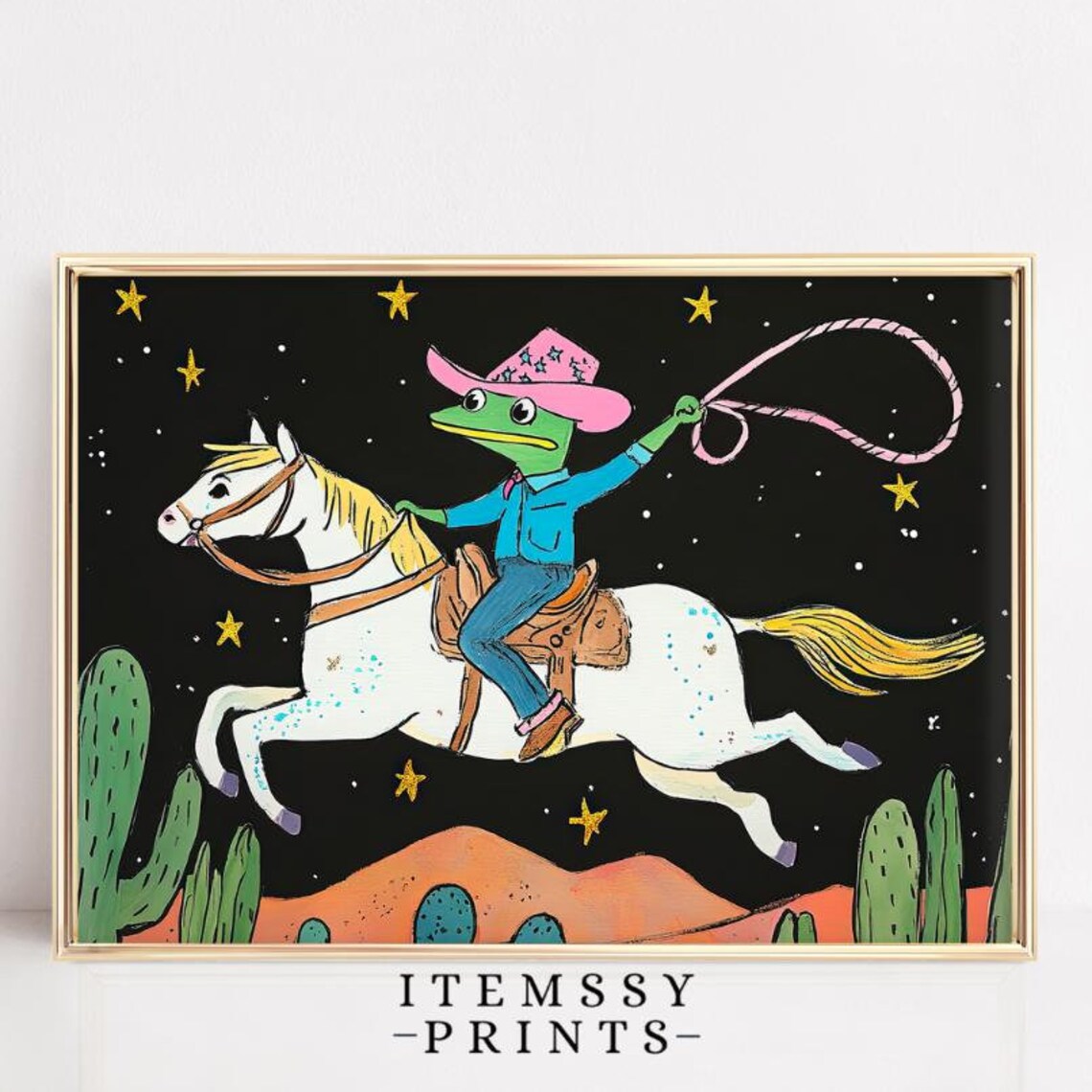 Whimsical Cowboy Frog Riding Horse, Vintage Rodeo Art