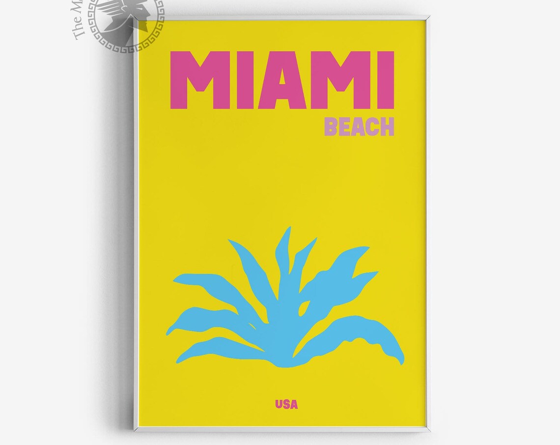 Miami Beach Florida Bright Yellow Minimalist Palm Travel Poster