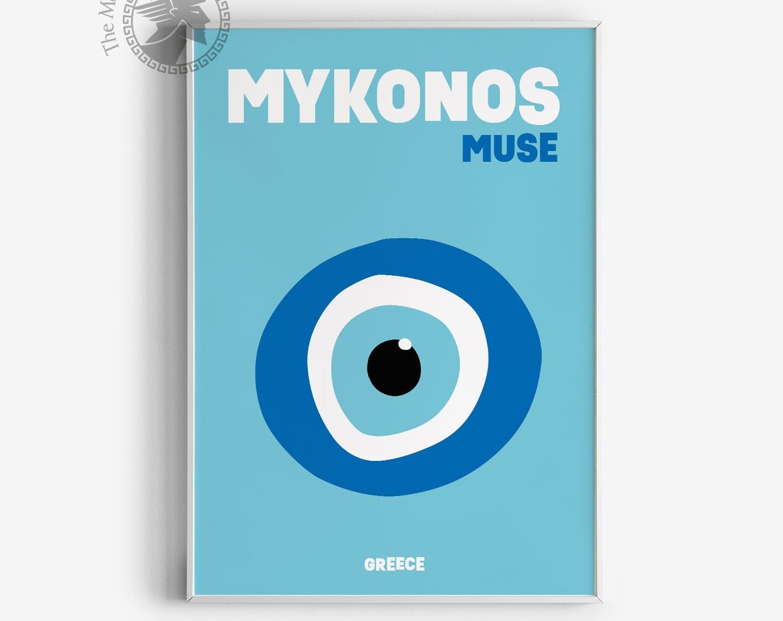 Mykonos Greece Muse Evil Eye Graphic Blue Modern Travel Poster Print