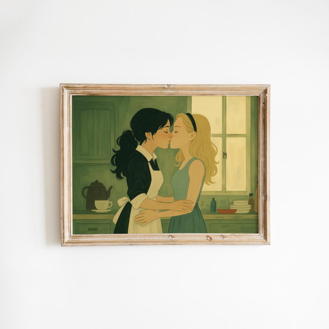 Tender Lesbian Kiss Kitchen Vintage Sapphic Love Romantic Art Poster