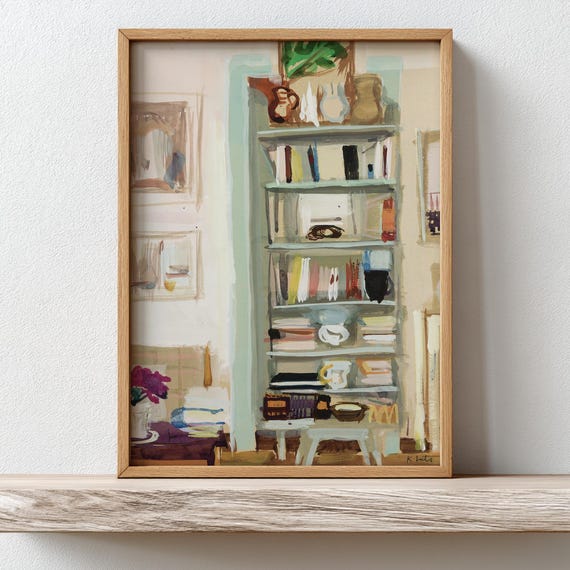 Mid Century Abstract Bookshelf Poster Retro Apartment Watercolor Art Scandinavian Wall Vintage Home Decor