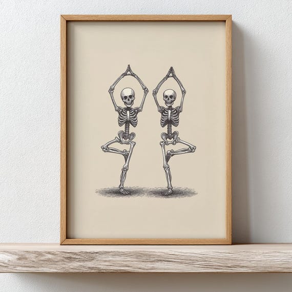 Halloween Skeleton Yoga Print Funny Spooky Season Wall Art Skeletons Doing Whimsical Goth Poster Prints
