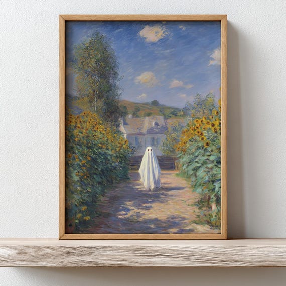 Whimsical Autumn Wall Art Cute Monet Inspired Sunflowers Painting Spooky Nursery Fall Home Decor