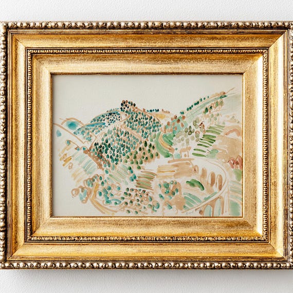 Mid Century Abstract French Landscape Earthy Vintage Watercolor Painting Modernist Home Decor Neutral Impressionist Wall Art