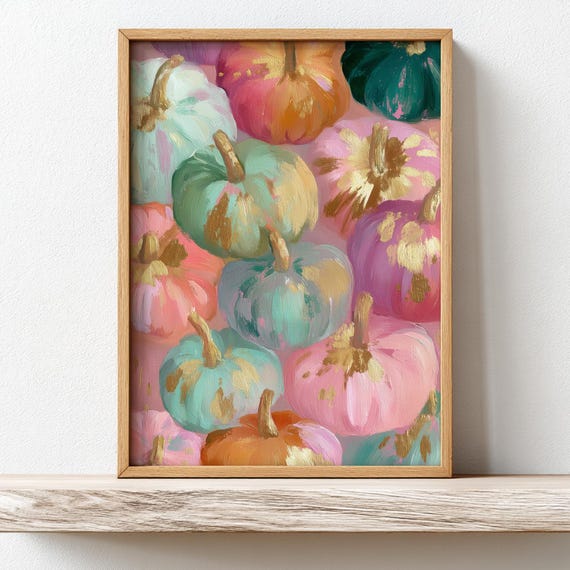 Vibrant Pumpkins Print Modern Fall Wall Art Abstract Autumn Poster Colorful Pastel Harvest Home Decor Gold Accent