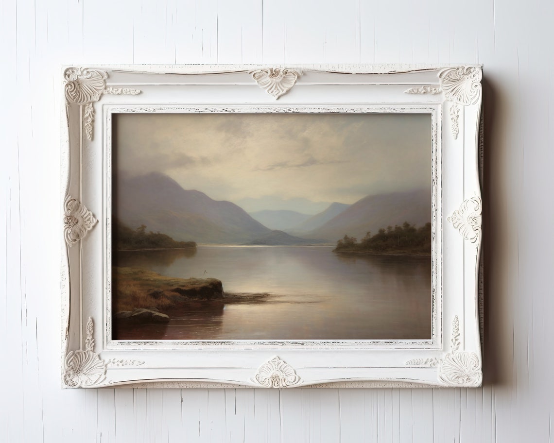 Misty Mountain Lake Vintage Landscape Painting In Ornate Frame Print