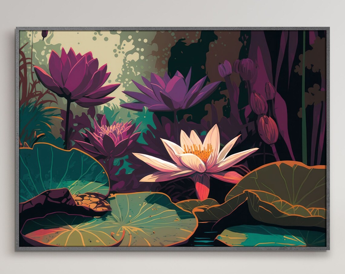 Purple Water Lilies On Pond Lily Pads Moody Floral Art Poster