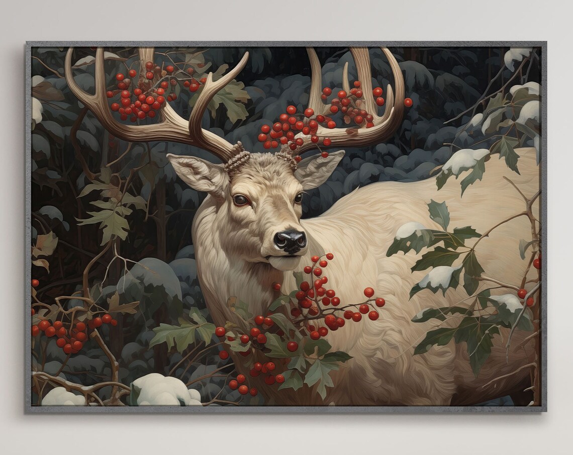 White Reindeer Red Berries Snowy Moonlit Woodland Christmas Poster