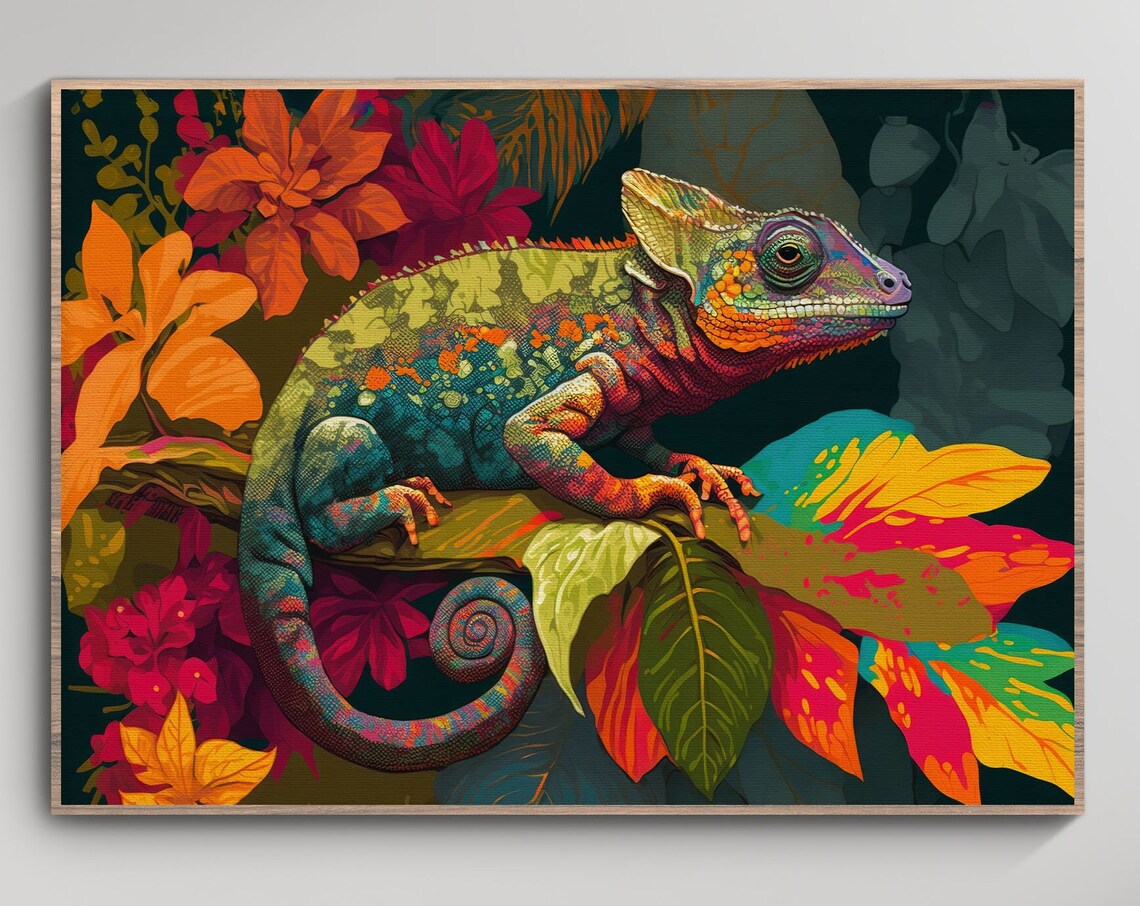 Colorful Chameleon Perched Among Tropical Blossoms Art Poster - Image 4