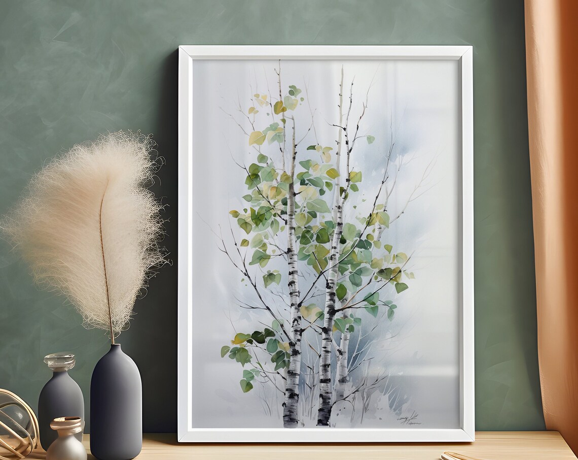 Sunlit Birch Forest Watercolor Green Trees Nature Art Poster - Image 5
