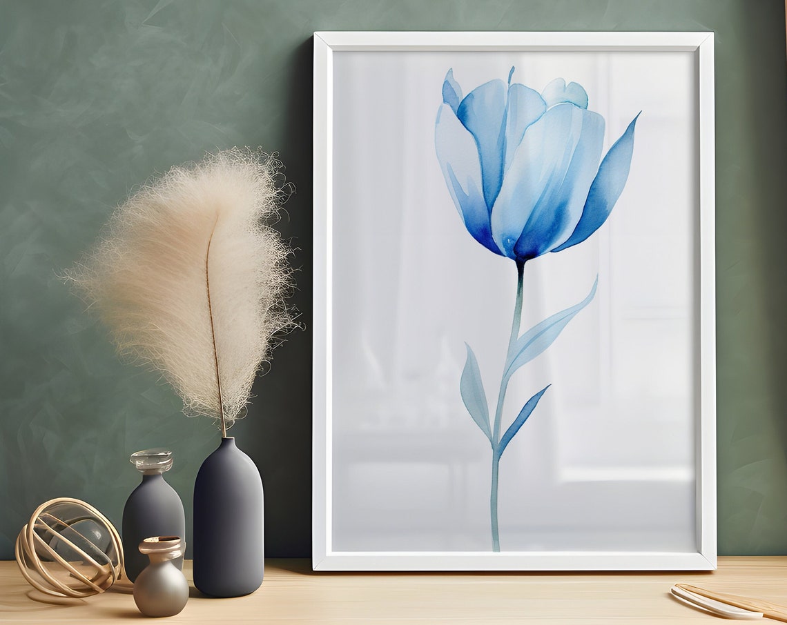 Blue Tulip Watercolor Flower Art Print for Minimal Modern Homes