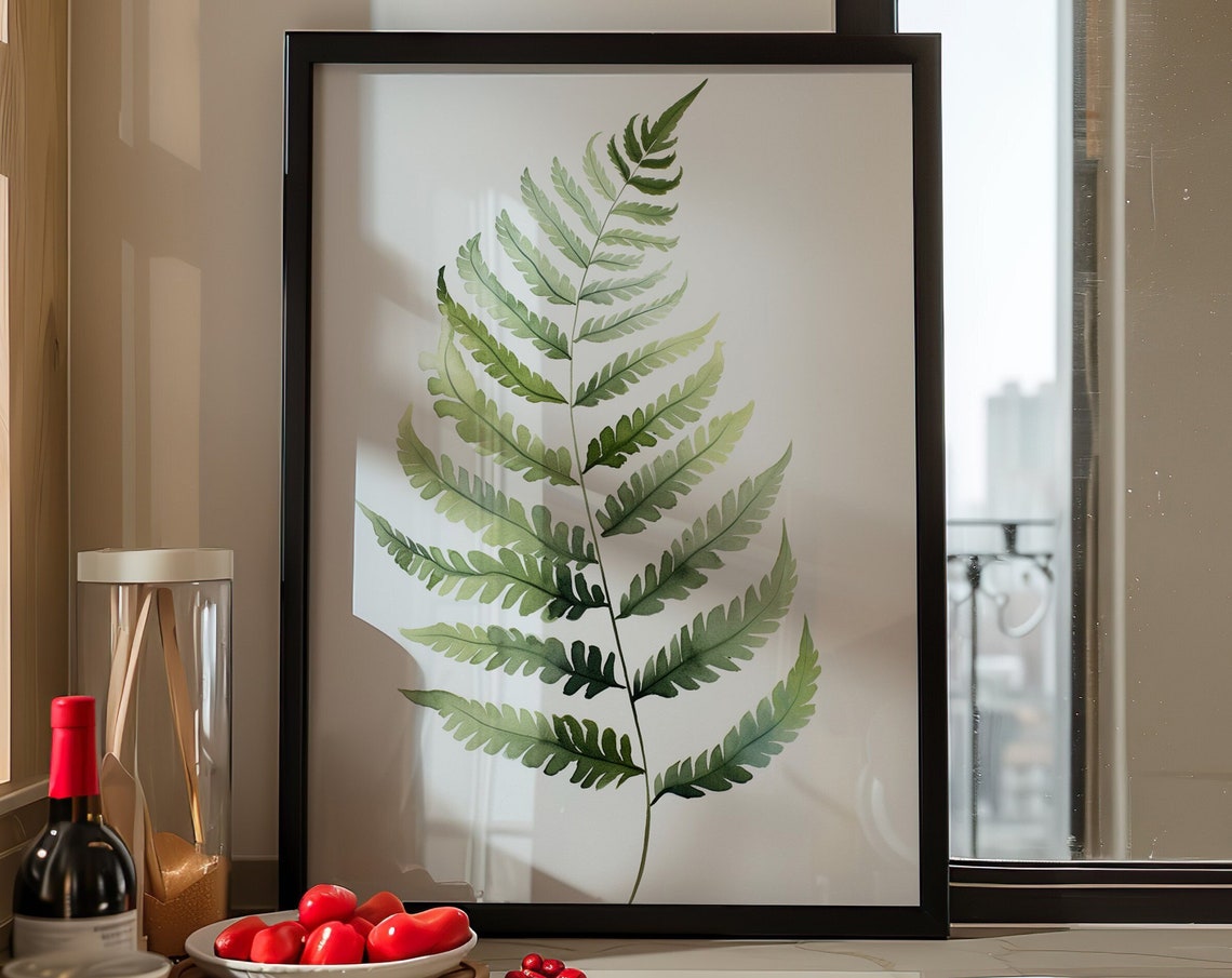 Green Fern Leaf Watercolor Botanical Plant Minimalist Art Poster