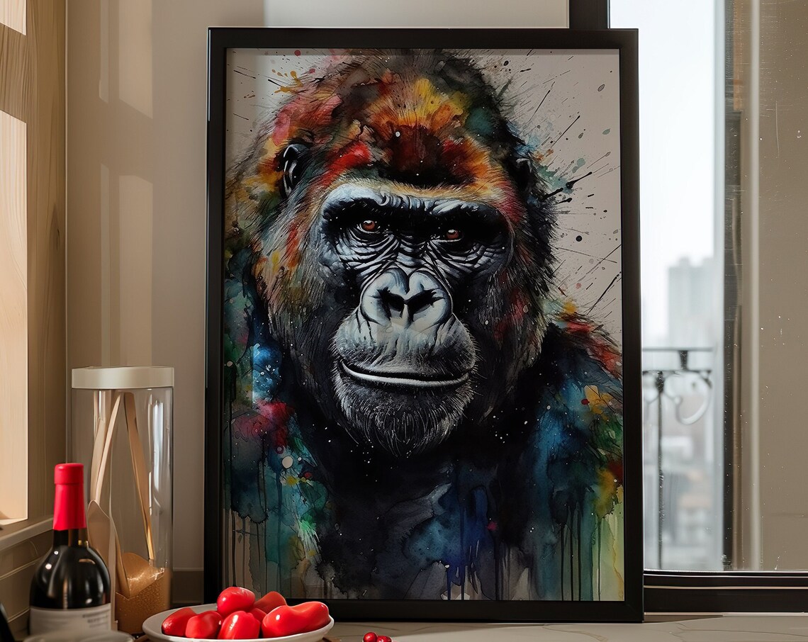 Majestic Gorilla Portrait Colorful Watercolor Wildlife Art Poster