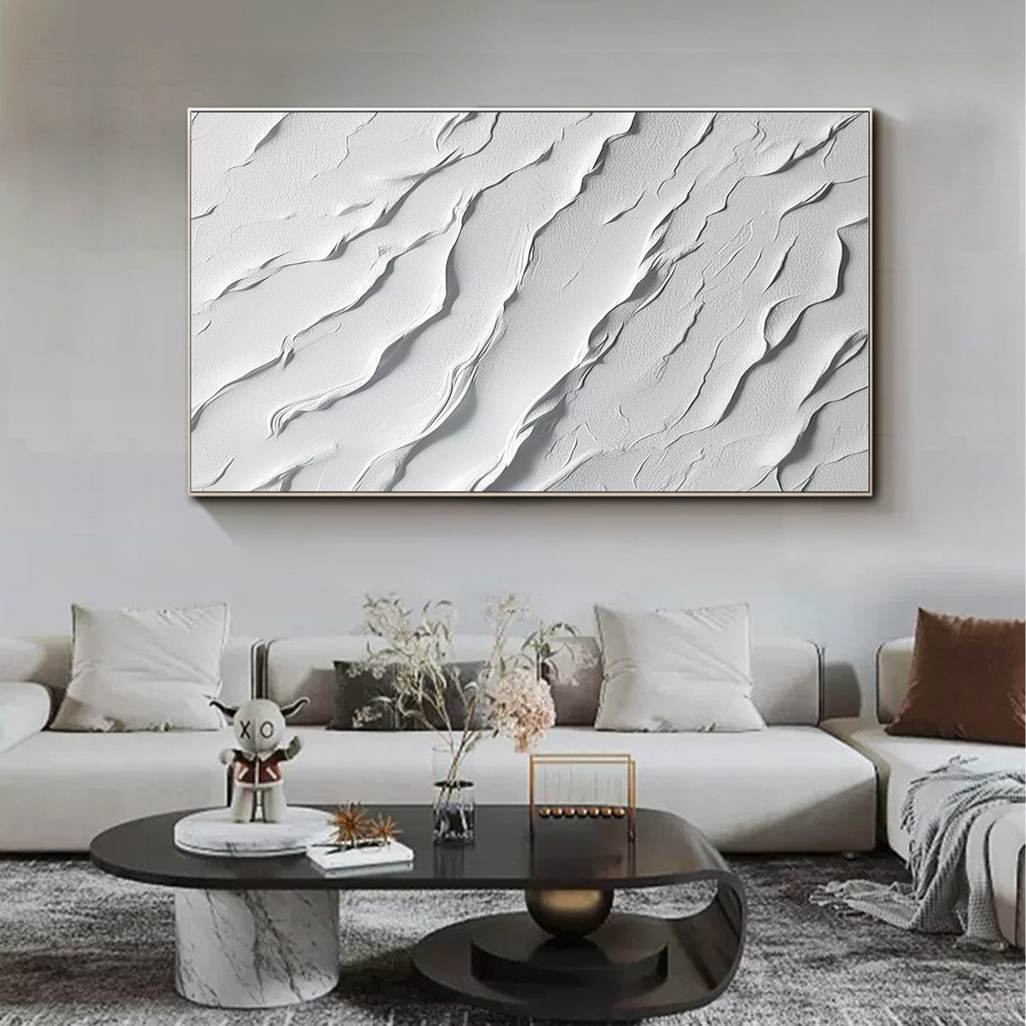 White 3D Textured Wave Abstract Minimalist Oil Painting Poster - Image 4