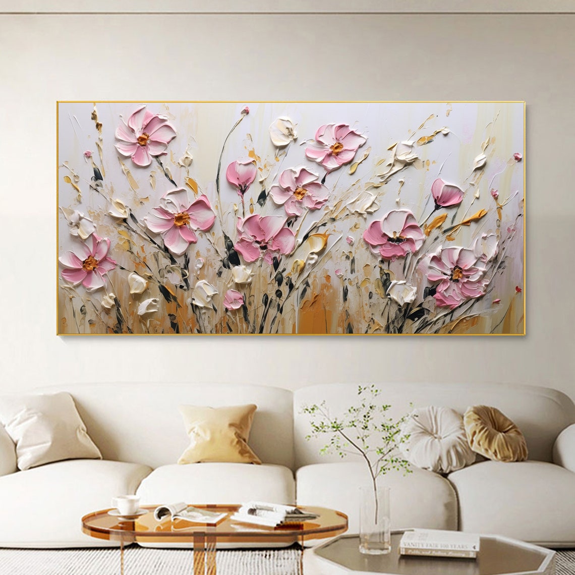 Delicate Pink Cosmos Flowers White Cream Impasto Floral Poster - Image 8
