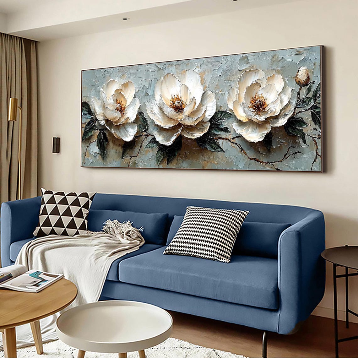 Three White Peonies Textured Horizontal Floral Oil Painting Poster - Image 7