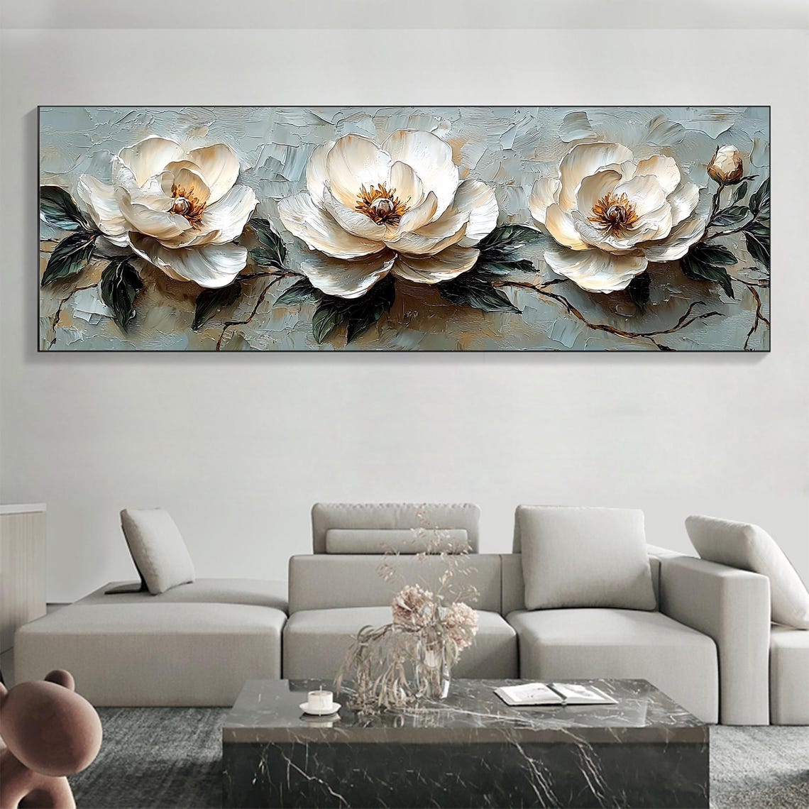 Three White Peonies Textured Horizontal Floral Oil Painting Poster - Image 6