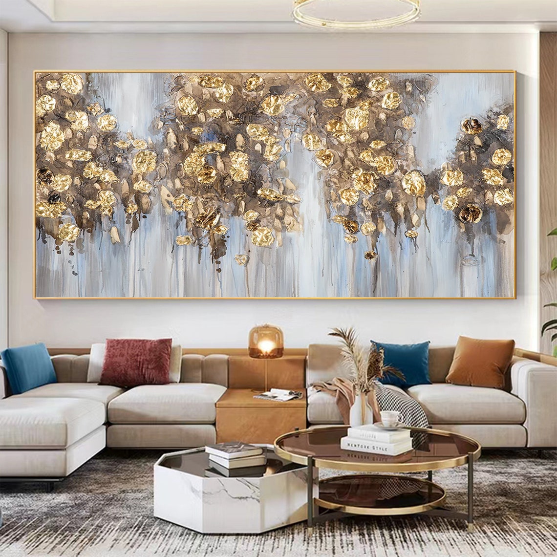 Gold Leaf Rain Abstract on Gray Textured Oil Painting Poster - Image 8