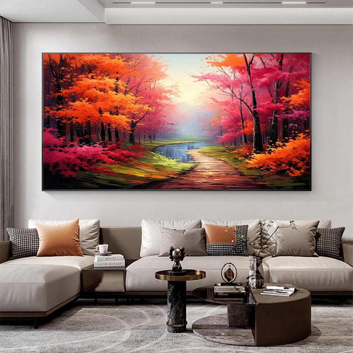 Autumn Forest Path Red Orange Trees Peaceful Water Art Poster - Image 3