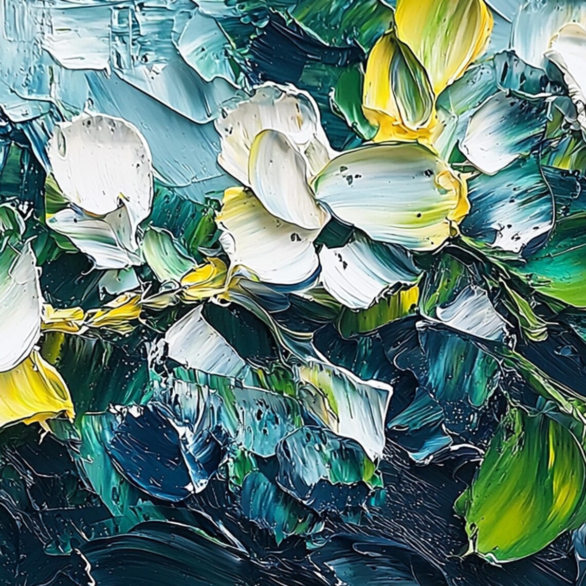 White Blossoms on Deep Teal Textured Floral Oil Painting Poster - Image 8