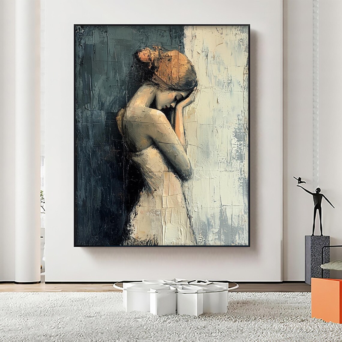 Pensive Blonde Woman Portrait Dark Teal Textured Oil Art Poster - Image 7